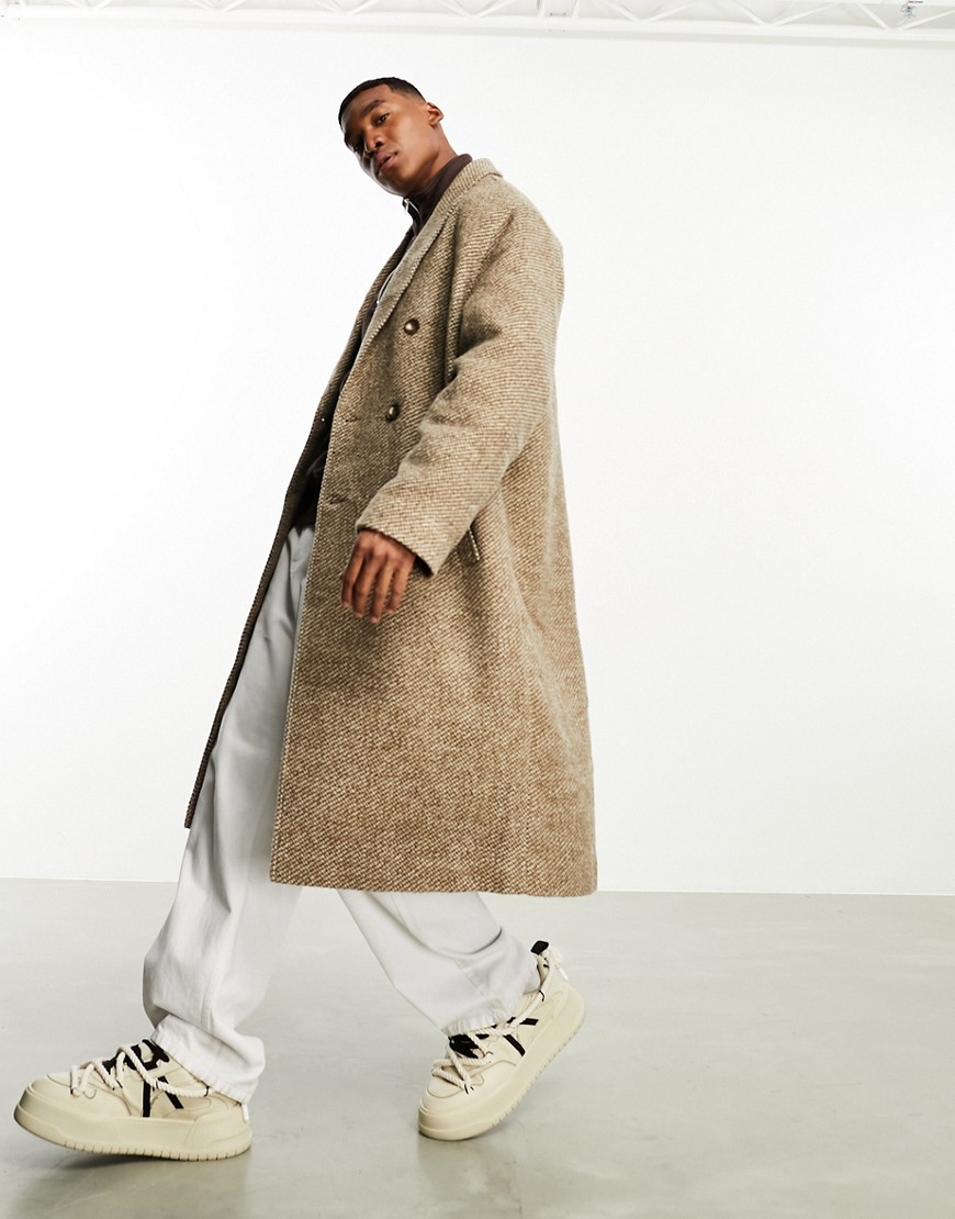 Asos Design Oversized Wool-look Textured Overcoat In Beige-neutral