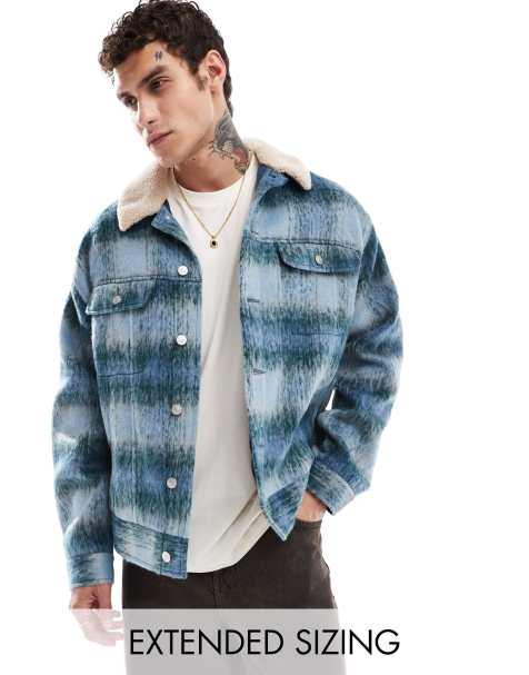 ASOS DESIGN oversized wool look trucker jacket in blue check with borg collar - view 1