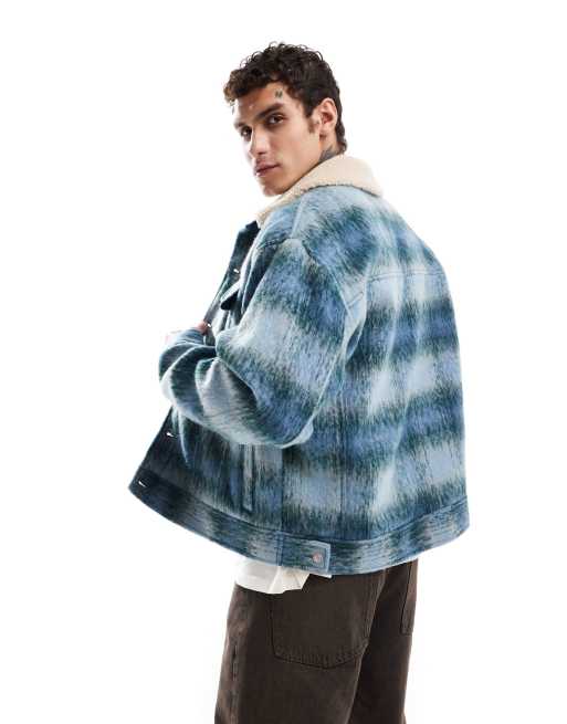 ASOS DESIGN oversized wool look trucker jacket in blue check with borg collar