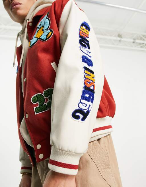 ASOS DESIGN oversized varsity jacket in red with badges