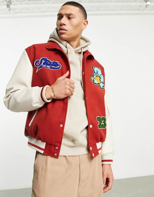 ASOS DESIGN oversized varsity bomber jacket in green and ecru cotton