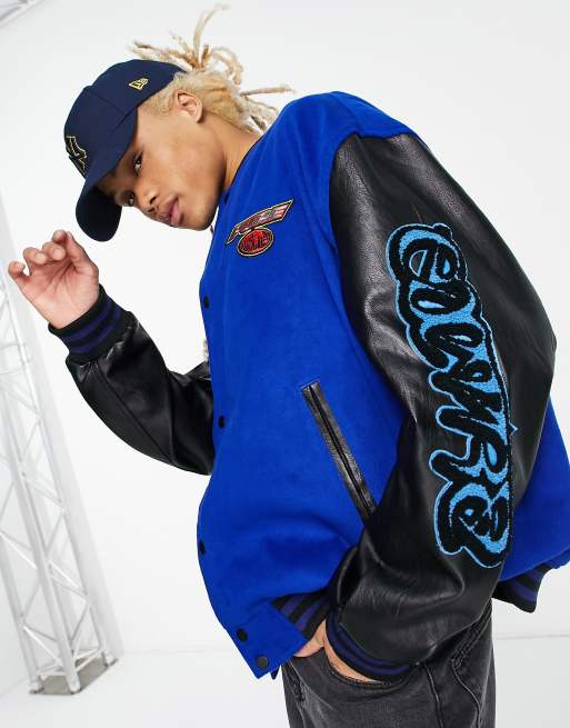 Contrast Leather Sleeve Varsity Jacket, BLUE