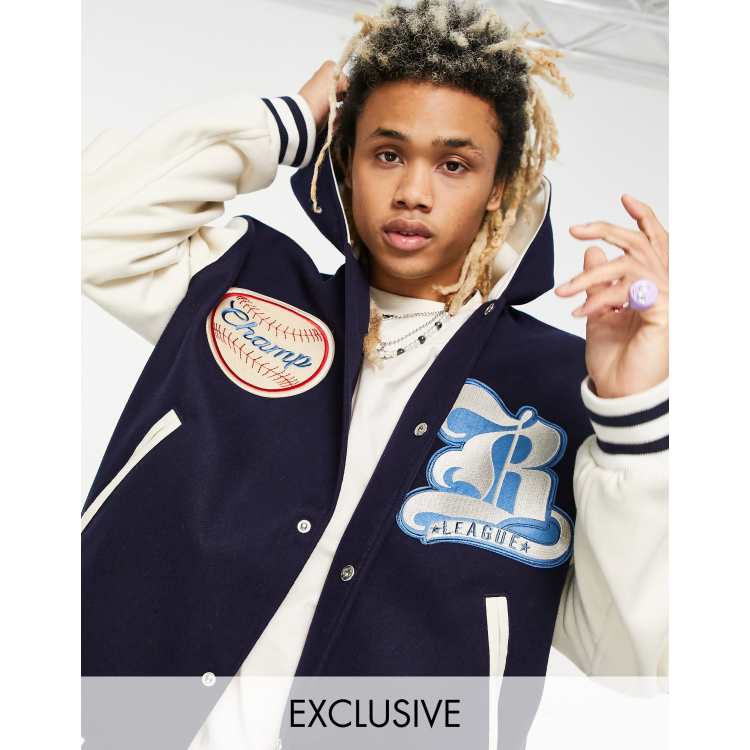 ASOS DESIGN oversized varsity jacket in navy