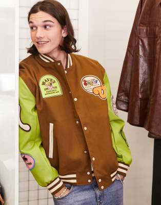 ASOS DESIGN oversized varsity bomber jacket with faux leather sleeves in  green