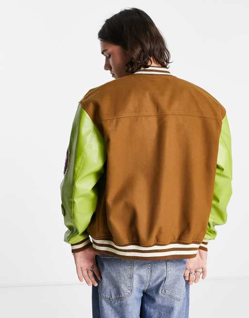 ASOS DESIGN oversized wool look varsity jacket in brown , 2 of 4