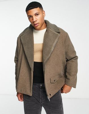 ASOS DESIGN oversized wool mix biker jacket with borg collar in beige  - ASOS Price Checker