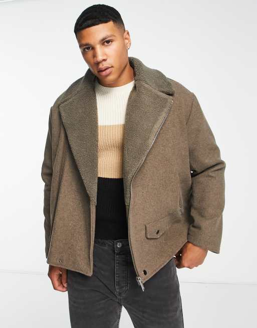 ASOS Collarless Biker Jacket In Jersey With Asymmetric Zip in Gray for Men