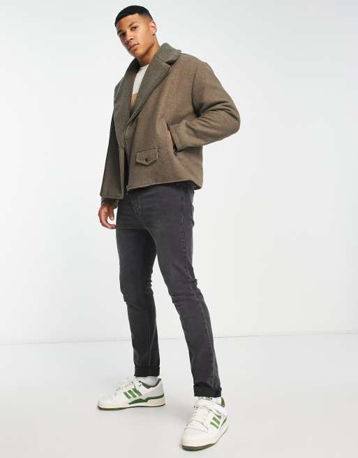 ASOS DESIGN oversized wool mix biker jacket with sherpa borg collar in beige , 2 of 4