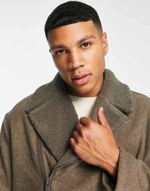 ASOS DESIGN oversized wool mix biker jacket with sherpa borg collar in beige , 3 of 4