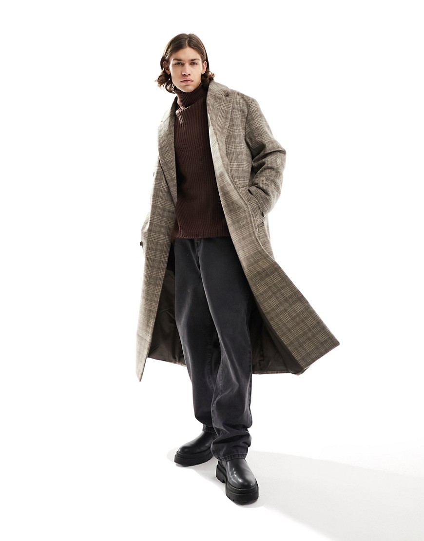 Asos Design Oversized Wool Mix Coat In Beige Check-neutral