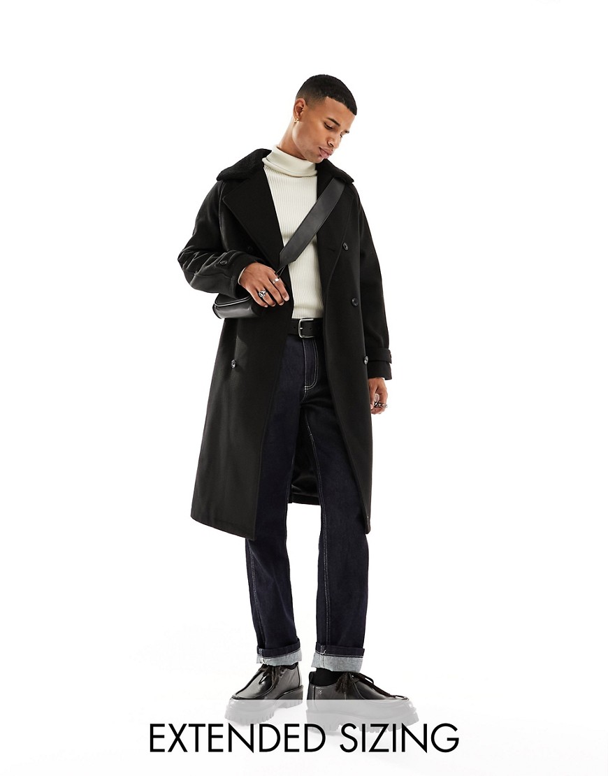 ASOS DESIGN oversized wool mix coat with faux fur borg collar in black