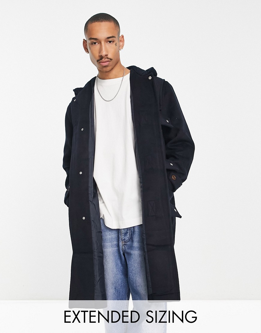 ASOS DESIGN oversized wool mix duffle coat with borg lining in navy