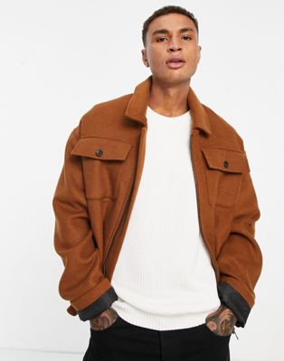 ASOS DESIGN oversized wool mix harrington jacket in brown | ASOS