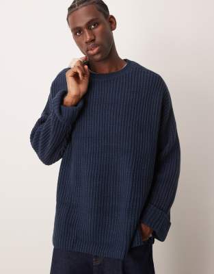 oversized wool mix heavyweight rib knit sweater in navy