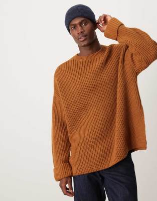 oversized wool mix heavyweight ribbed sweater in tan-Brown