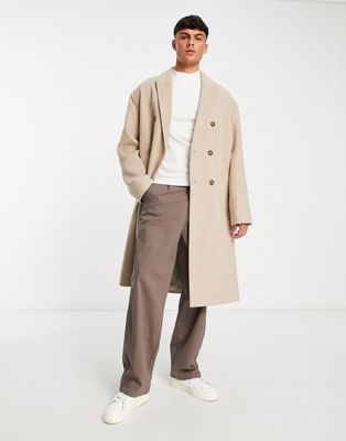 ASOS DESIGN oversized wool mix overcoat in beige-Neutral