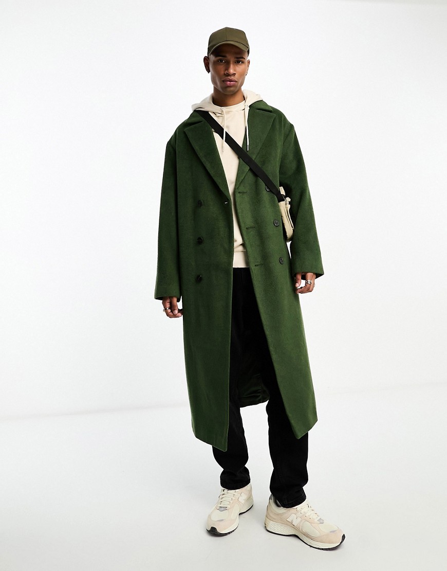Asos Design Oversized Wool Mix Overcoat In Green-auburn