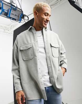 ASOS DESIGN oversized wool mix overshirt in light gray-Grey