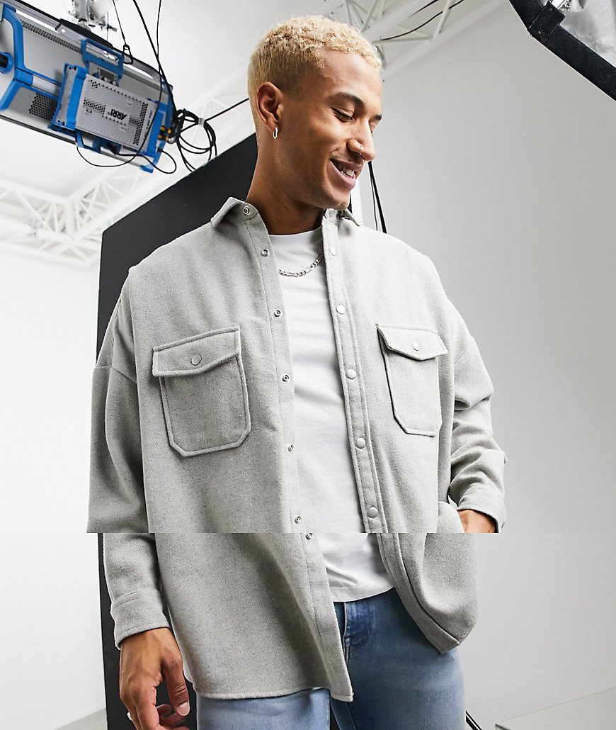 ASOS DESIGN oversized wool mix overshirt in light gray-Grey