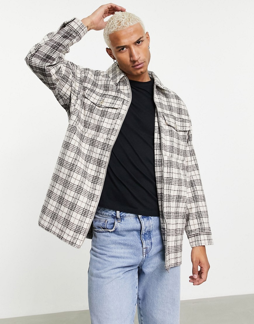 ASOS DESIGN oversized wool mix shacket in gray and ecru check with contrast panel-Neutral