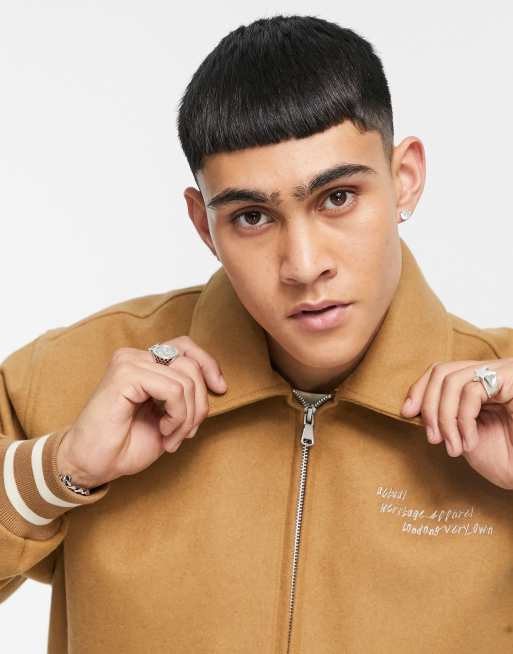 ASOS DESIGN varsity bomber jacket in tan