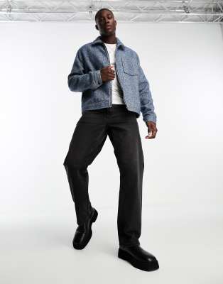 Asos Design Oversized Wool Mix Western Jacket In Blue Herringbone Texture In Blue
