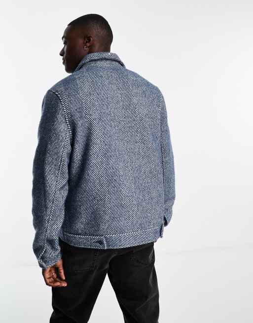 ASOS DESIGN oversized wool mix western jacket in blue herringbone texture