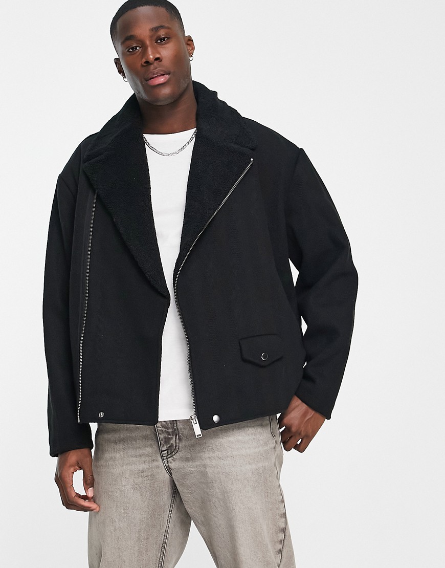 Shop Asos Design Oversized Wool Biker Jacket With Teddy Collar In Black