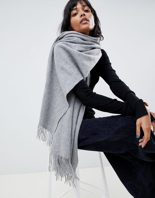 ASOS DESIGN oversized wool scarf with tassels in gray