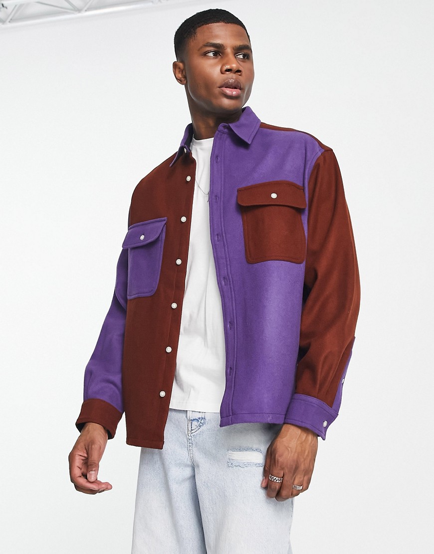 ASOS DESIGN oversized wool shirt in purple and brown cut & sew-Multi