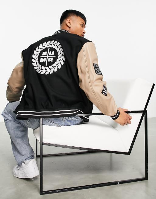 wool varsity jacket with Leather Details