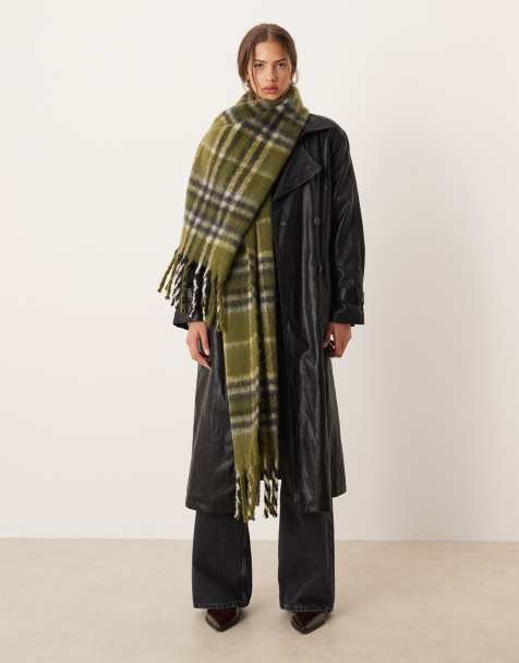 ASOS DESIGN oversized woven check tassel scarf in olive - view 1