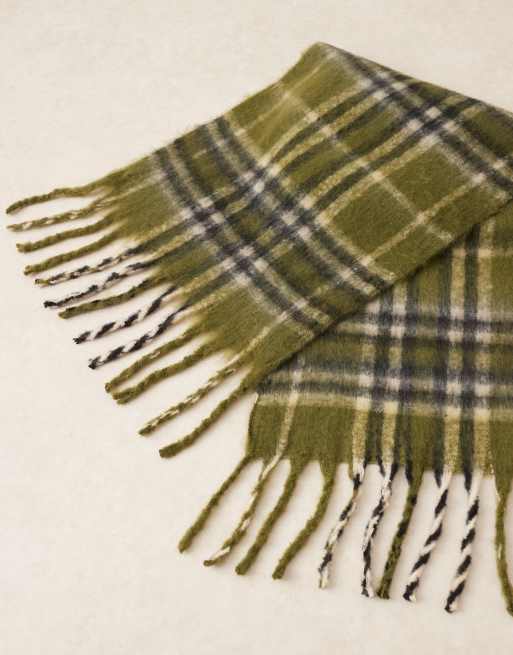 ASOS DESIGN oversized woven check tassel scarf in olive