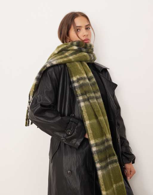 ASOS DESIGN oversized woven check tassel scarf in olive
