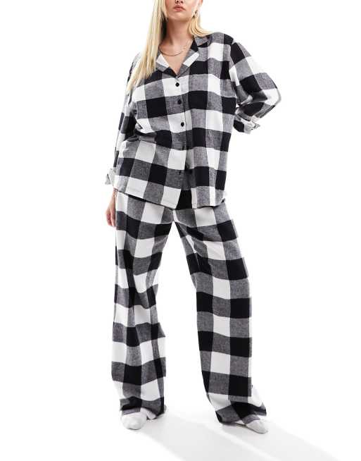 Women's Black & White Plaid Flannel Pajama Sets