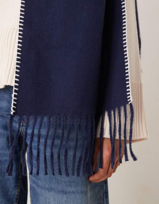 ASOS DESIGN oversized woven scarf with blanket stitch in navy