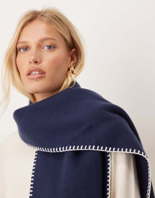 ASOS DESIGN oversized woven scarf with blanket stitch in navy