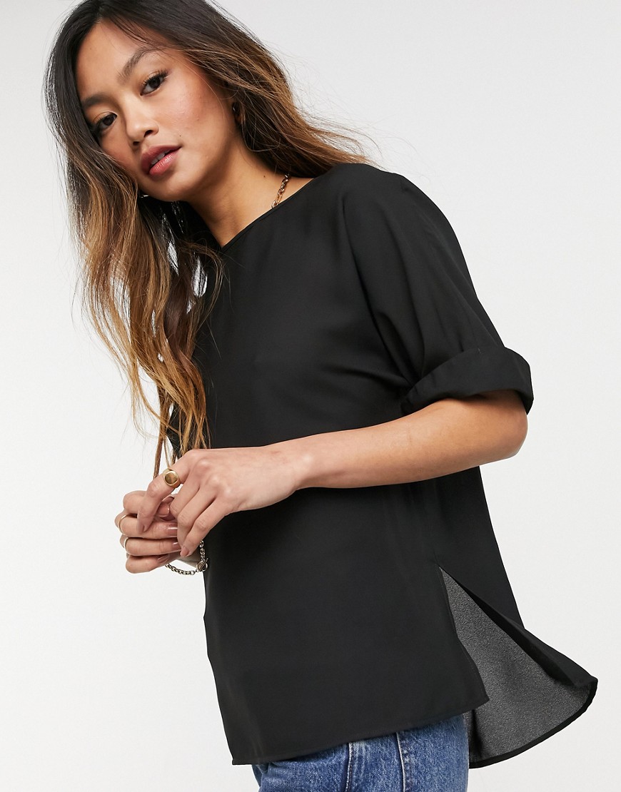 ASOS DESIGN oversized woven tee with roll sleeve in black-White