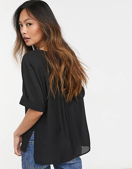  oversized woven tee with roll sleeve in black 