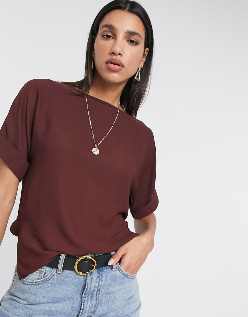 ASOS DESIGN oversized woven tee with roll sleeve in chocolate-White