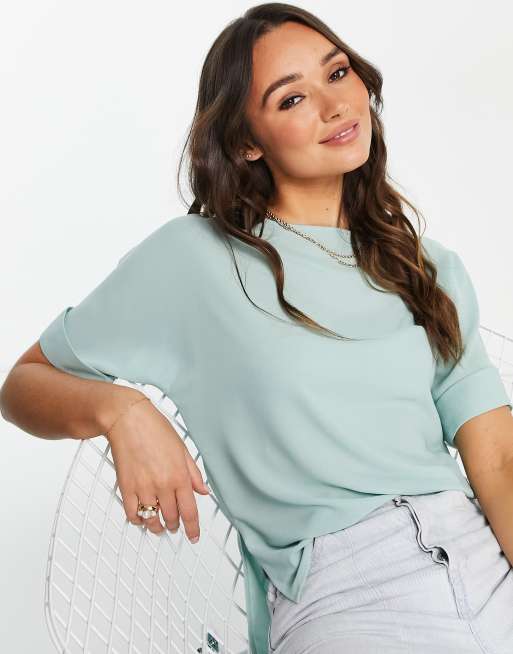ASOS DESIGN oversized woven tee with roll sleeve in sage