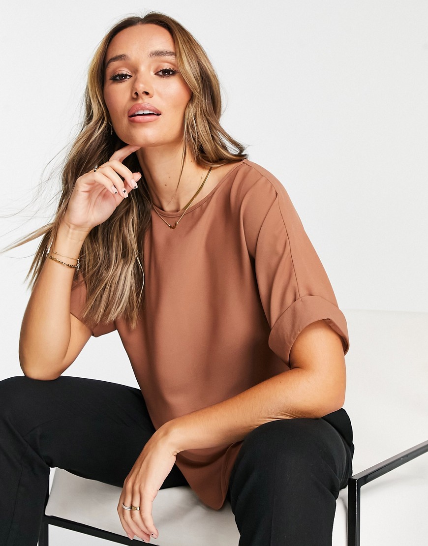 ASOS DESIGN oversized woven tee with roll sleeve in taupe-Brown