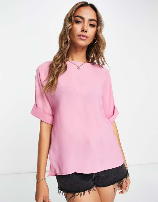 ASOS DESIGN oversized woven tee with roll sleeves in pink