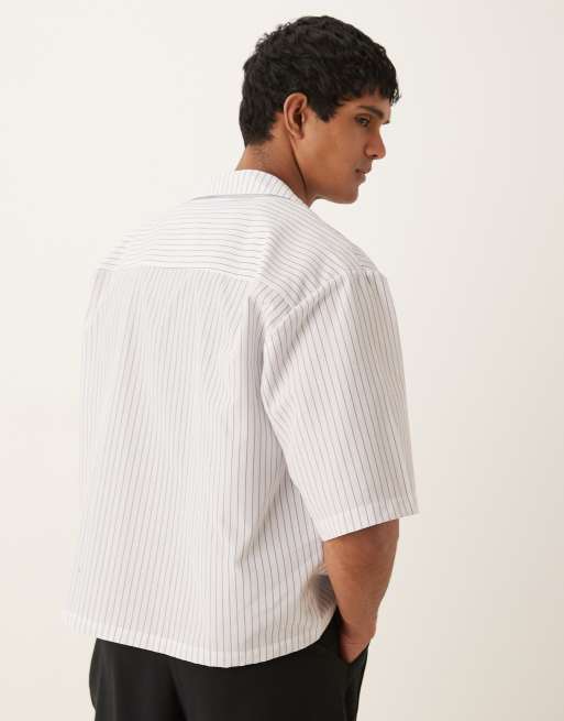 ASOS DESIGN oversized wrap detail pinstripe shirt in white, 4 of 4