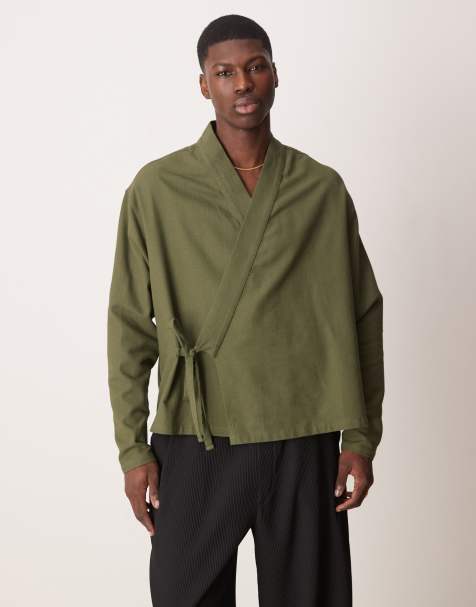 ASOS DESIGN oversized wrap front shirt in khaki - view 1