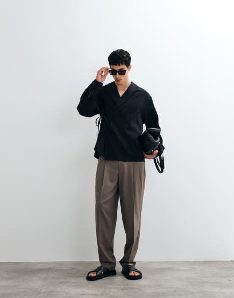 ASOS DESIGN oversized wrap tie shirt in linen look in black - view 1