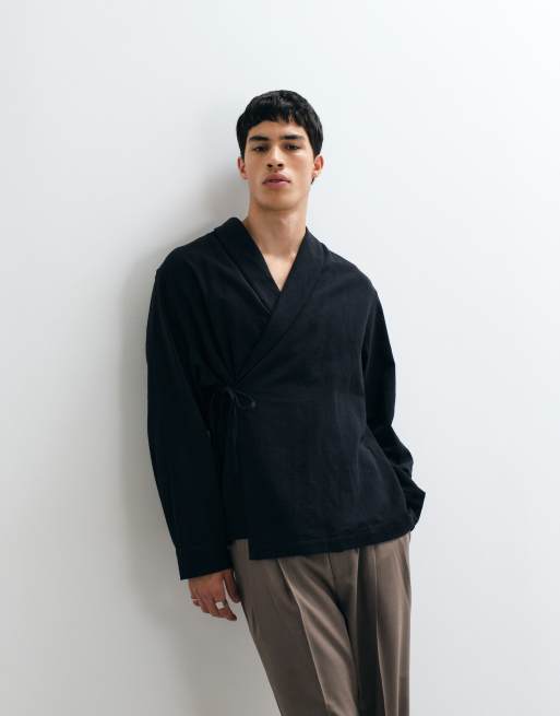 ASOS DESIGN oversized wrap tie shirt in linen look in black, 2 of 5