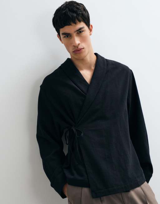 ASOS DESIGN oversized wrap tie shirt in linen look in black, 5 of 5