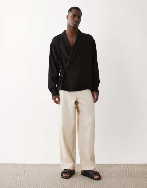 ASOS DESIGN oversized wrap tie shirt with linen in black, 2 of 5