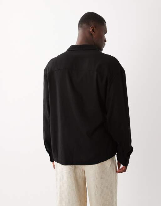 ASOS DESIGN oversized wrap tie shirt with linen in black, 3 of 5